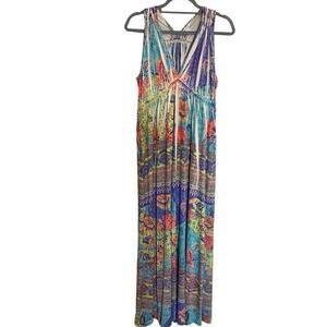 Boston Proper Maxi Dress Stretch Pleated Sleeveless‎ Multicolor Abstract Artsy L